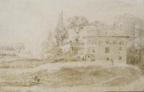 Vue D'une Villa Pres Du Colisee A Rome, Deux Dessinateurs Au Premier Plan Oil Painting by Claude-Henri Watelet