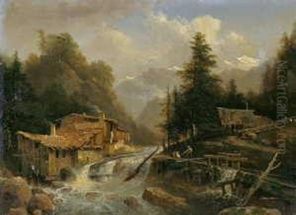 Gebirgslandschaft Mit Muhle Am Bach.
 Signiert Unten Links: Watelet.
 Ol Auf Leinwand. H 24; B Oil Painting by Louis Etienne Watelet