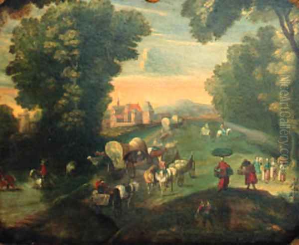 Peasants and travellers on a road by a fortified mansion Oil Painting by Jan The Elder Brueghel