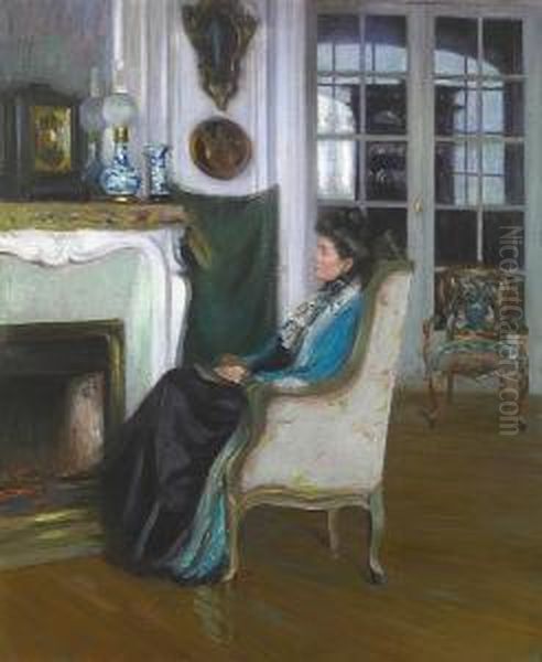 Woman Seated By A Fireplace (a Pensive Moment) Oil Painting by Susan Watkins
