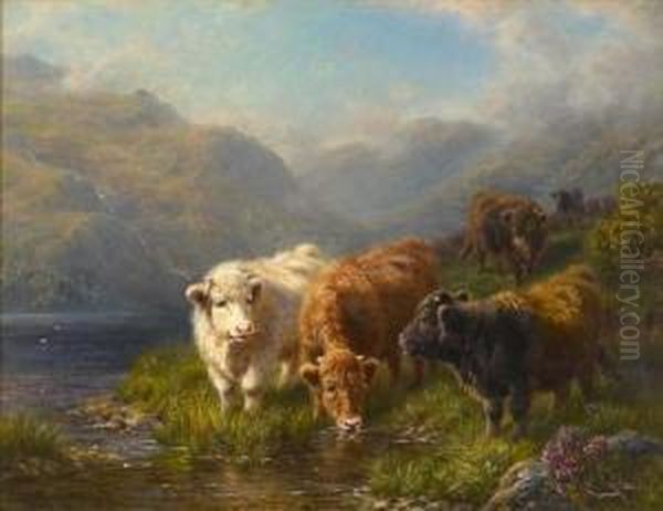 Cattle Watering In A Mountain Glen Oil Painting by Charles A. Watson