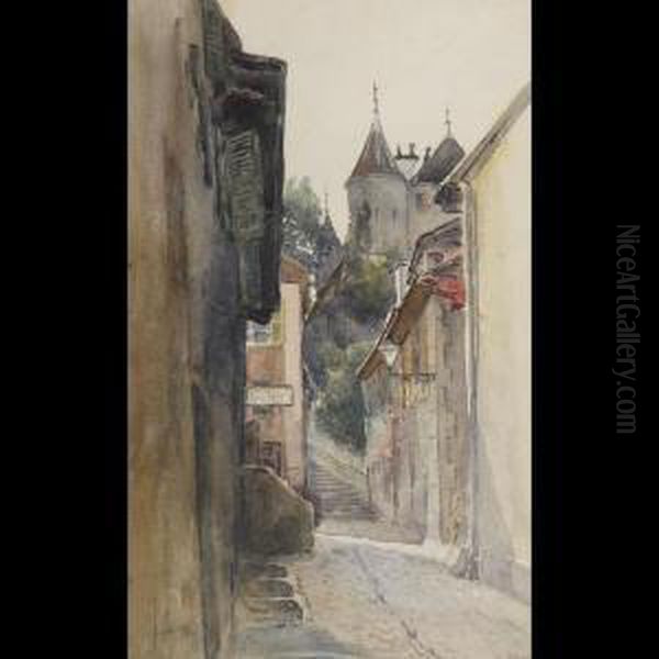 Corfe Village Square; A Corner In Corfe; Street Scene In Geneva Oil Painting by Thomas J. Watson