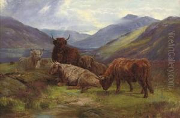 Highland Cattle Resting Before A Loch Oil Painting by William Watson