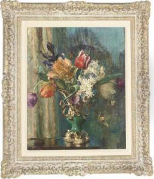 Tulips, Hyacinths And Irises In An Ornate Vase, On A Table Oil Painting by Amy Millar Watt