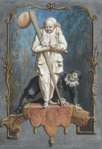 Two Actors Standing On An Ornamental Platform Oil Painting by Jean-Antoine Watteau