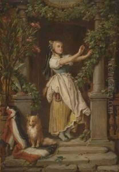 Junge Frau Beim Winden Einer Girlande Oil Painting by Joseph Watter