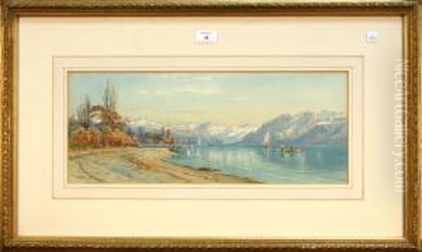 Mountainous Landscape With Figures On The Bank Of A Lake Oil Painting by Charles Jones Way