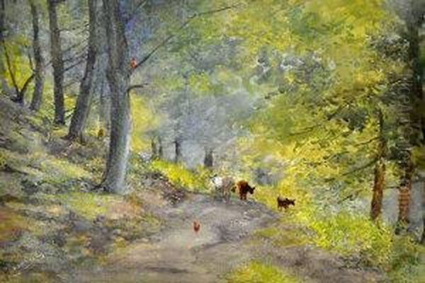 A PathThrough Woods With Cattle Oil Painting by William Cossens Way