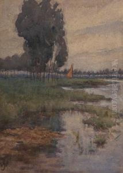 Continental Landscape With Sailing Boat Oil Painting by Josephine Webb