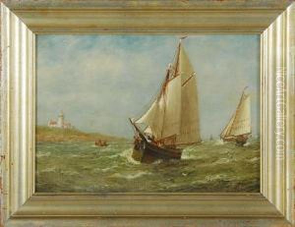 The Race, Depicting Two Ships Racing Off A Lighthouse Oil Painting by Wesley Elbridge Webber