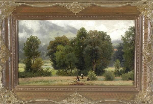 Heuernte In Bewolkter Waldlandschaft Oil Painting by Paul Weber