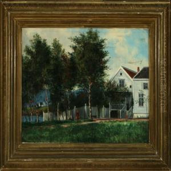 Landscape At Borgund Church With People And Houses Oil Painting by Herman Wedel-Anker