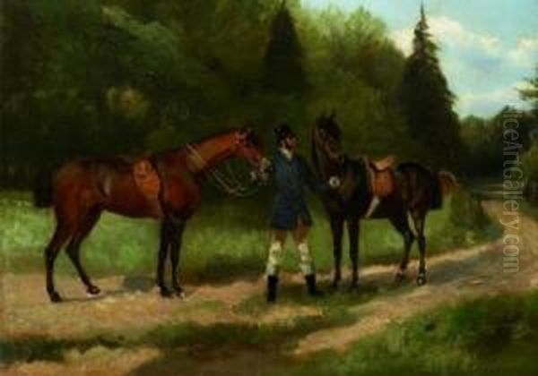 Reiter Mit Zwei Gesattelten Pferden Oil Painting by Anton Weinberger