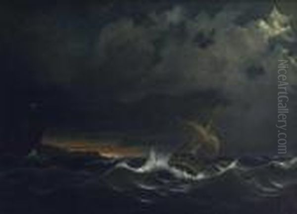 Segelschiff In Sturmischer See. Oil Painting by Johann Baptist Weiss