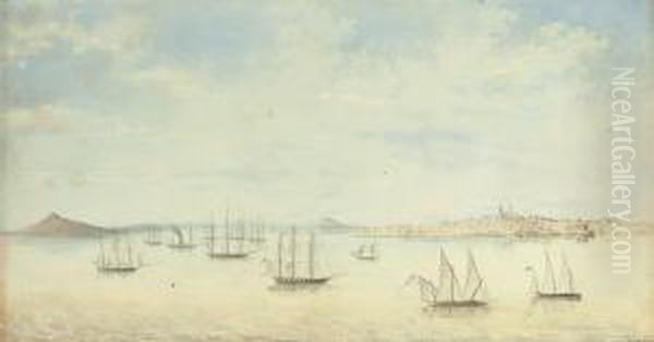 Vue De La Rade Et De La Ville De Montevideo Sur La Rio De Laplata. 1825 A 1828 Oil Painting by Edouard Georges L. Weissandt