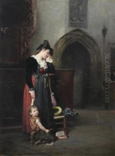 Mother And Child In A Chapel Oil Painting by Adolphe Weisz