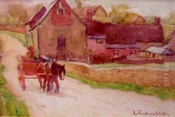 Figurehorse And Cart In Country Lane Near Cottages Oil Painting by John Sanderson Wells