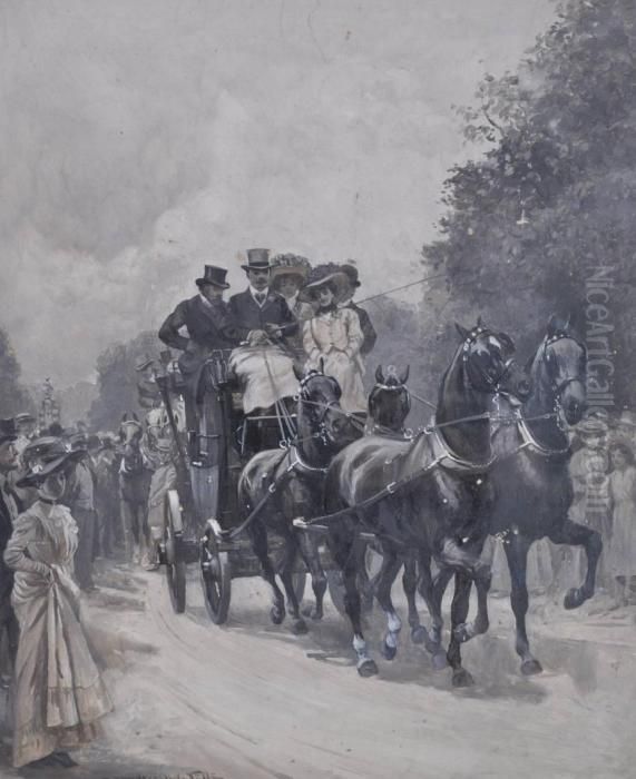 Horse-drawn Coach Passing Through A Crowded Park Oil Painting by John Sanderson Wells