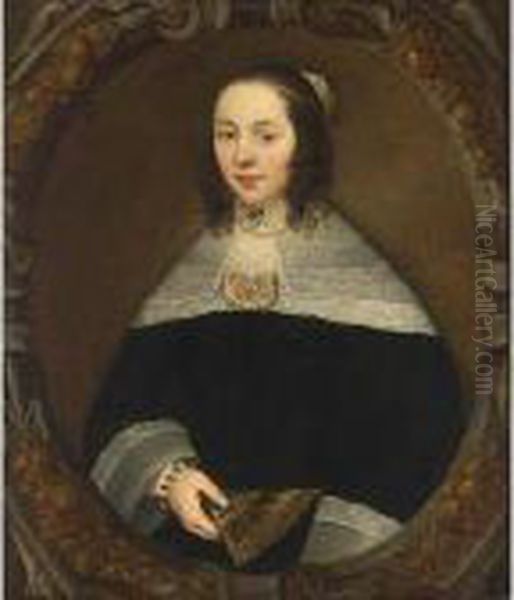 A Portrait Of A Lady, Aged 23, Half Length, Wearing A Black Velvet Dress With A Lace Collar And Cuffs, Holding A Fan In Her Left Hand, In A Trompe L'oeil Painted Carved Oval Frame Oil Painting by Jan Jansz I Westerbaen