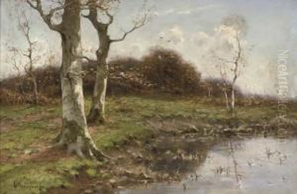 Trees On A Riverbank Oil Painting by Cornelis I Westerbeek