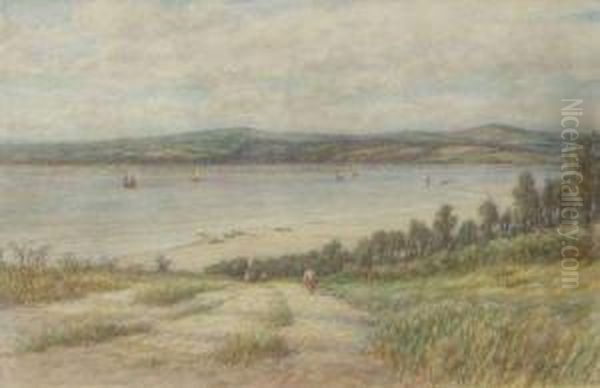 Extensive Coastal View With Figures On A Path Distant Shipping Oil Painting by William Westley Manning