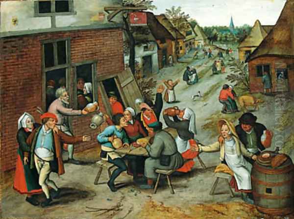 Villagers merrymaking outside the Swan Inn Oil Painting by Pieter The Younger Brueghel