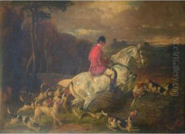 Huntsman And Hounds Jumping A Dry Stone Wall Oil Painting by John Alfred Wheeler