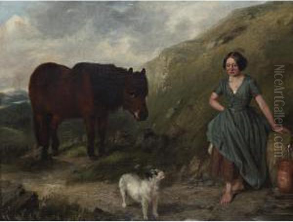 Shepherd Girl Gathering Water For Her Pony And Terrier Oil Painting by John Alfred Wheeler