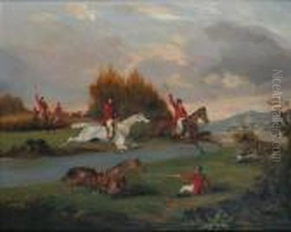 Clearing The Hedge, The Hunt In Full Cry Oil Painting by Richard Dodd Widdas