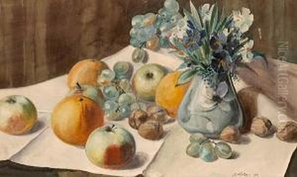 Still Life With Flowers, Fruit And Nuts Oil Painting by Gunnar Mauritz Widforss