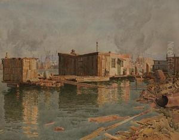 Houseboat With Busy Port Beyond Oil Painting by Gunnar Mauritz Widforss