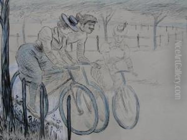 Les Cyclistes Oil Painting by David O. Widhopff