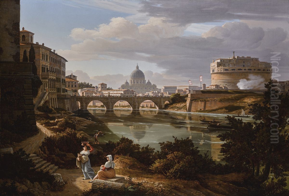 Rome, A View Of The River Tiber Looking South With The Castel Sant'angelo And Saint Peter's Basilica Beyond Oil Painting by Rudolf Wiegmann