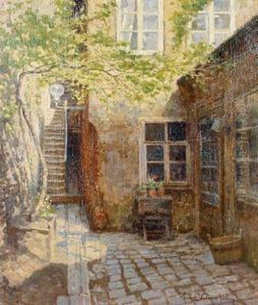 A Sunlit Courtyard Oil Painting by Franz Wiesenthal