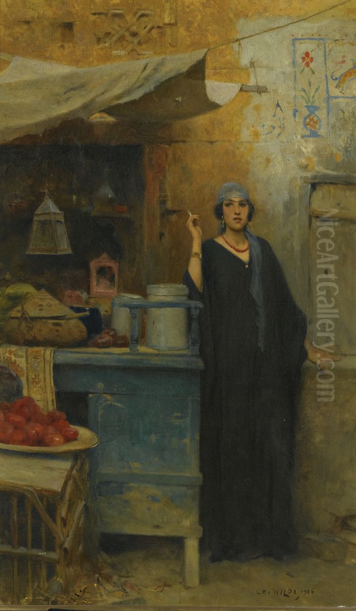Girl By A Market Stall Oil Painting by Charles Wilda