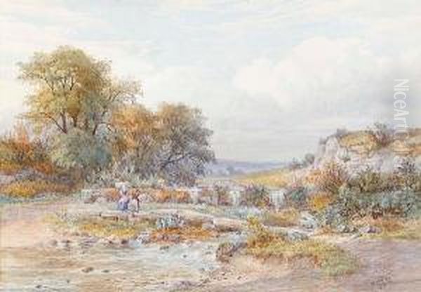 Figures Carrying Straw Across A Stream Oil Painting by William Wilde