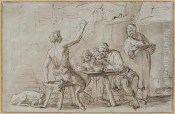 Satyre Attable Avec Des Paysans Oil Painting by Abraham Willaerts