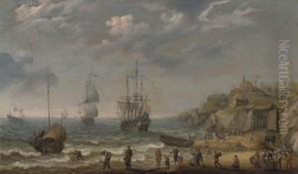 Dutch Men-o'-war And Other Vessels By The Coast With Merrymakers And Other Figures Oil Painting by Adam Willaerts