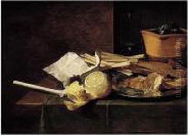 A Still Life Of Smoker's Requisites, Including A Clay Pipe, Tobacco In A Paper, Spills And A Chafing-dish, With A Partly Peeled Lemon And Fish On A Silver Plate, All On A Table Draped With A Green Cloth Oil Painting by Peter Willebeeck