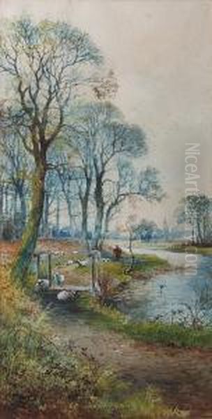 Drover And Sheep On A Riverside Path Oil Painting by Arthur Willett