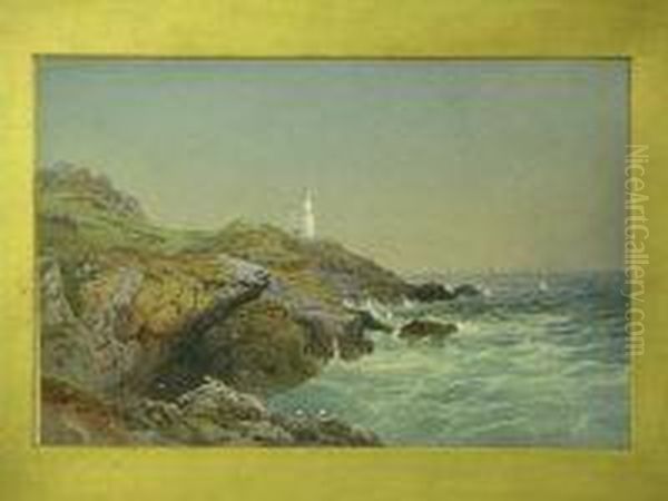 Distinctive Lighthouse On Rocky Headland With Distant Sailing Vessels Oil Painting by William Arnee Frank