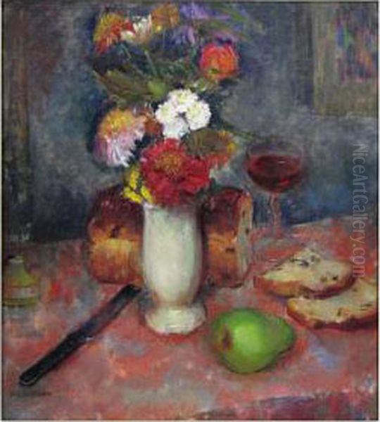 Floral Still-life With Loaf Of Bread And Glass Ofwine Oil Painting by Mary Elizabeth Williams