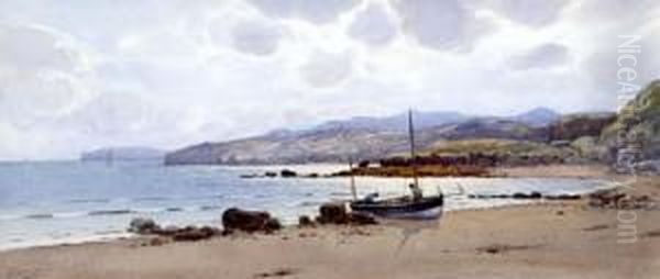 Anglesey Coastal Scene With Beached Fishing Boat Oil Painting by Warren Williams