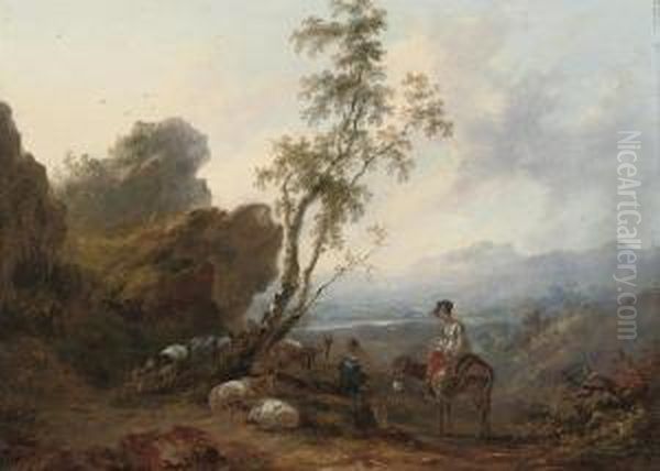 Fisherfolk And Cattle On The Seashore; And A Mountainous Landscapewith Figures And Goats On A Track Oil Painting by Samuel Williamson