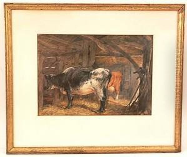 An Interior Scene With Cows Oil Painting by Henry Brittan Willis, R.W.S.