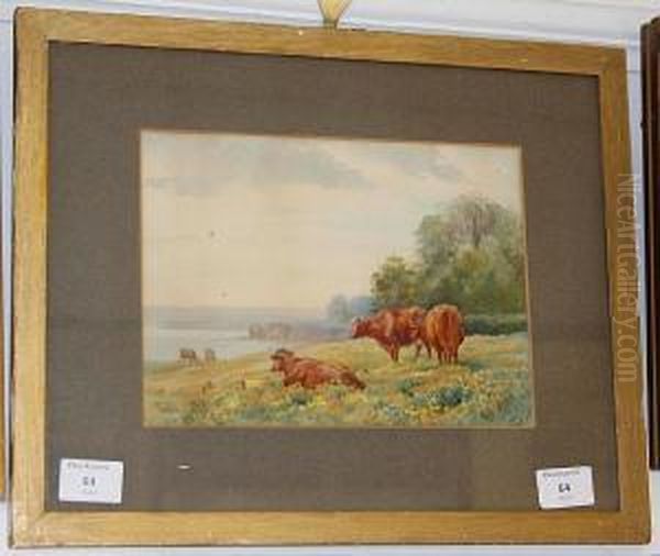 Cattle In A Cliff Top Meadow Oil Painting by Henry Brittan Willis, R.W.S.