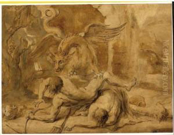 A Group Of Men Attacked By A Dragon Oil Painting by Michael Leopold Willmann