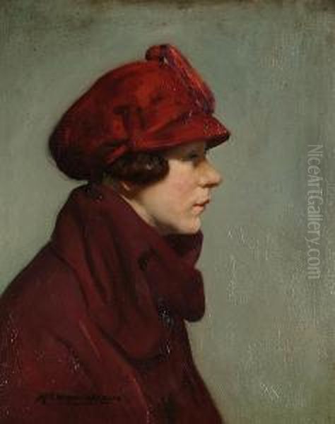 Portrait Of A Lady In Profile Wearing A Red Hat Oil Painting by Hugh Cameron Wilson