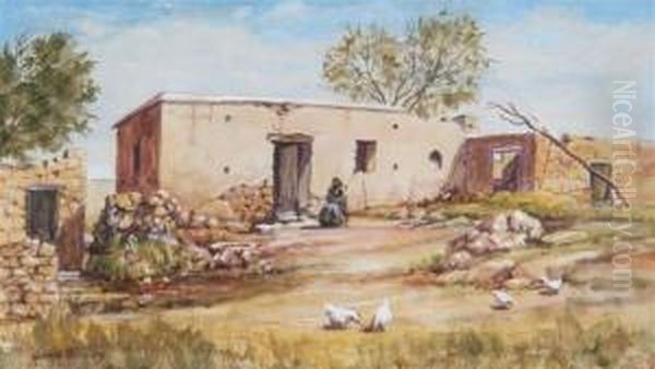 A Woman Seated Outside A Ramshackle Cottage With Hens In The Foreground Oil Painting by John Jock Wilson