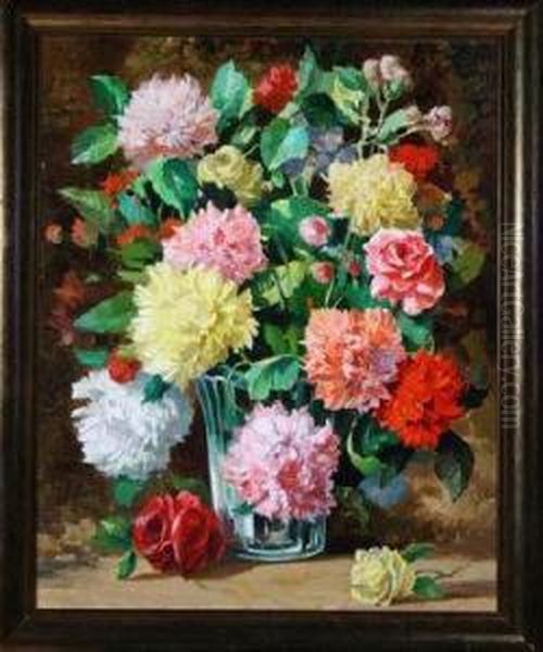 Carnations And Roses Arranged In A Glass Vase Oil Painting by John Jock Wilson